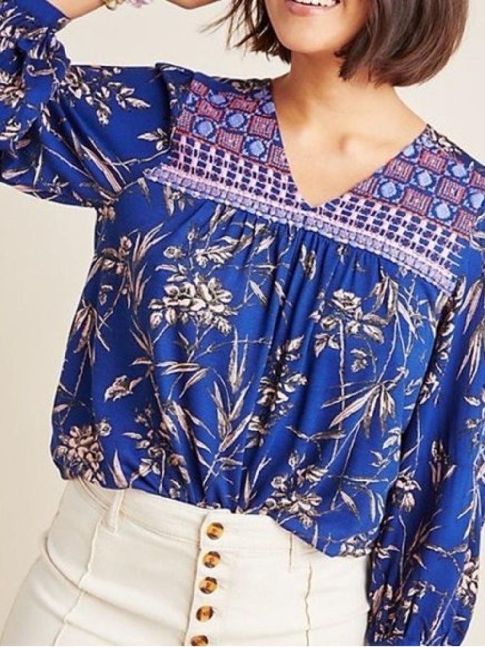 Anthropologie Blue Floral and Embroidered Blouse